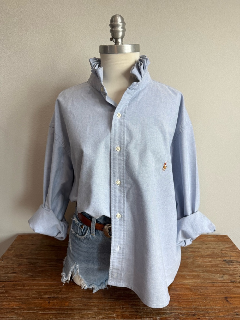 Upcycled Ralph Lauren Blue Classic Fit LS Button Down Shirt Tan Pony Size 3X